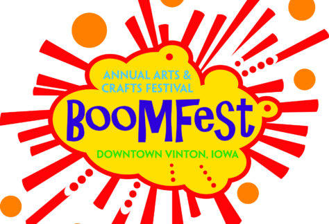 Logo for Boomfest: Annual Arts & Crafts Festival, Downtown Vinton, Iowa. Features vibrant red lines and orange dots on a yellow cloud backdrop.