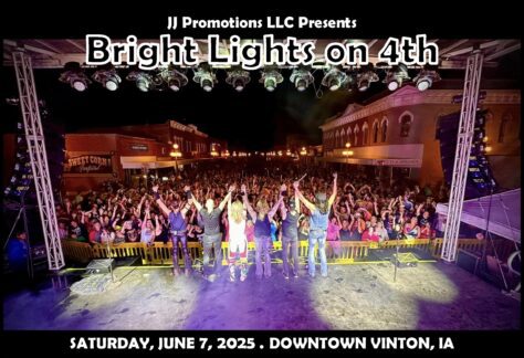 A band stands on stage facing a large outdoor crowd at night. The event is "Bright Lights on 4th" in Vinton, IA, scheduled for June 7, 2025.