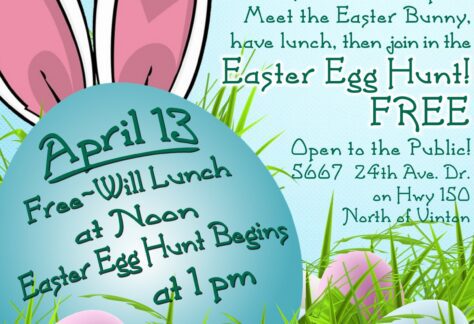 Colorful flyer for an Easter event hosted by the Izaak Walton League with lunch and an egg hunt on April 13. Includes details, sponsors, and a large image of bunny ears.