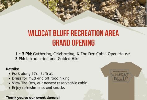 Flyer for the grand opening of Wildcat Bluff Recreation Area on March 29, 2025, featuring event details, a schedule, contact info, and sponsor logos against a natural trail background.